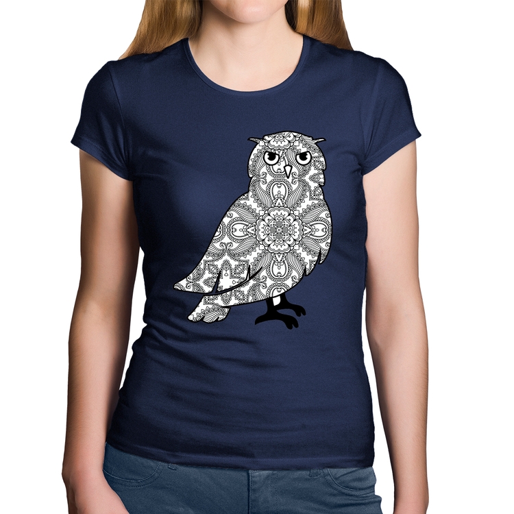 Baby Look Algodão Coruja Mandala - Marinho