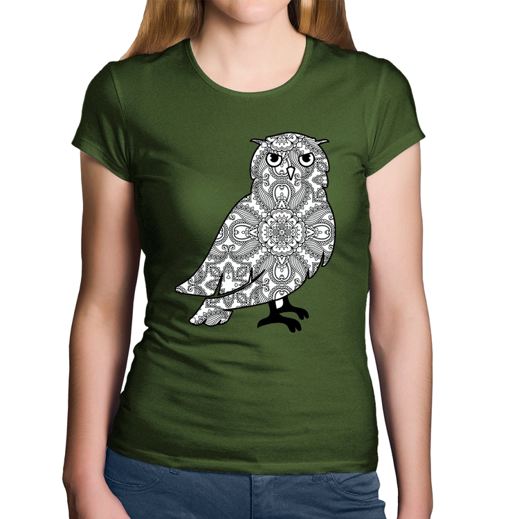 Baby Look Algodão Coruja Mandala - Musgo