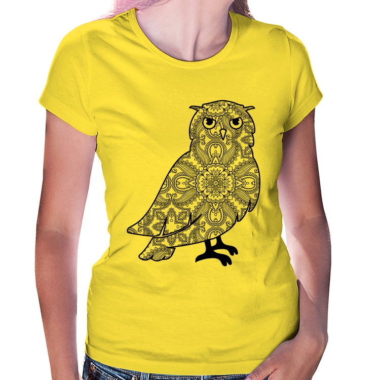 Baby Look Coruja Mandala - Amarela