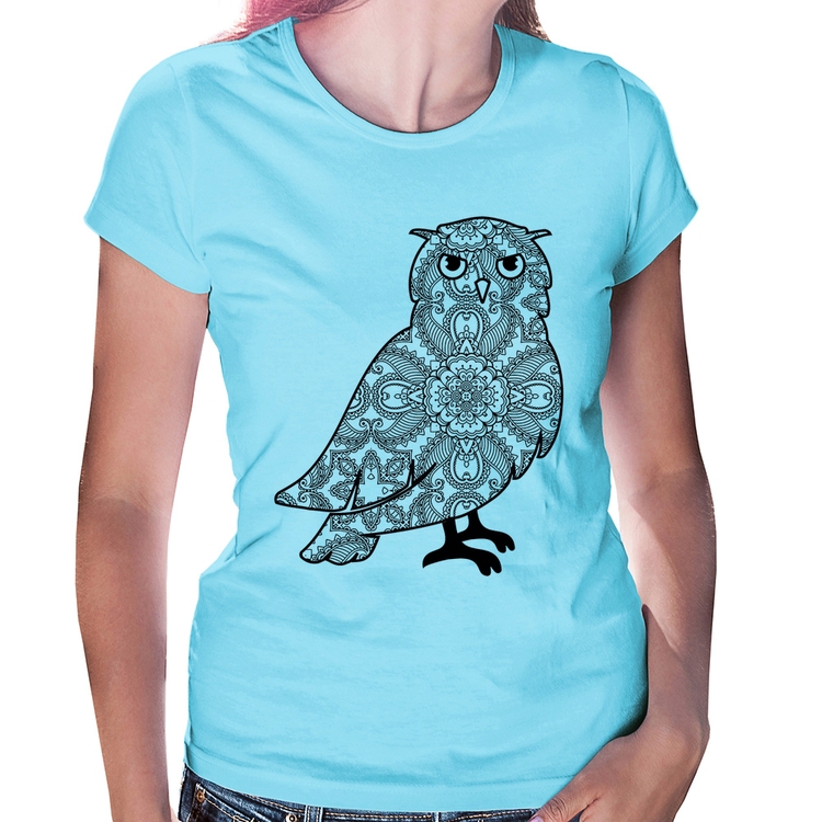 Baby Look Coruja Mandala - Azul Bebê