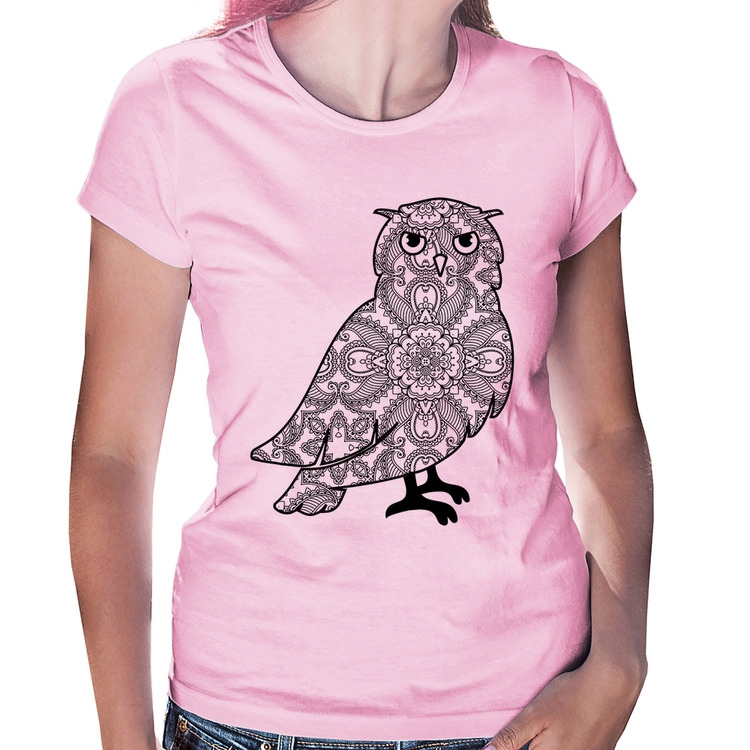 Baby Look Coruja Mandala - Rosa Bebê