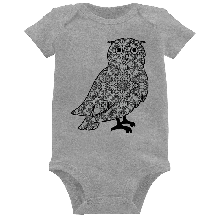 Body Bebê Coruja Mandala - Cinza