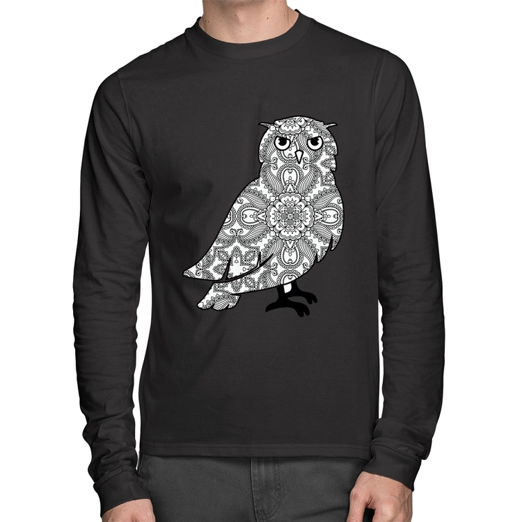 Camiseta Algodão Coruja Mandala Manga Longa
