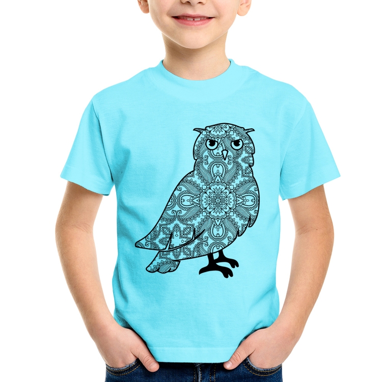 Camiseta Infantil Coruja Mandala - Azul Claro
