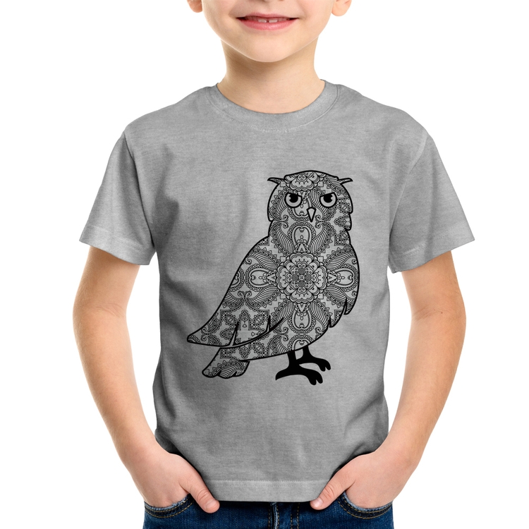 Camiseta Infantil Coruja Mandala - Cinza