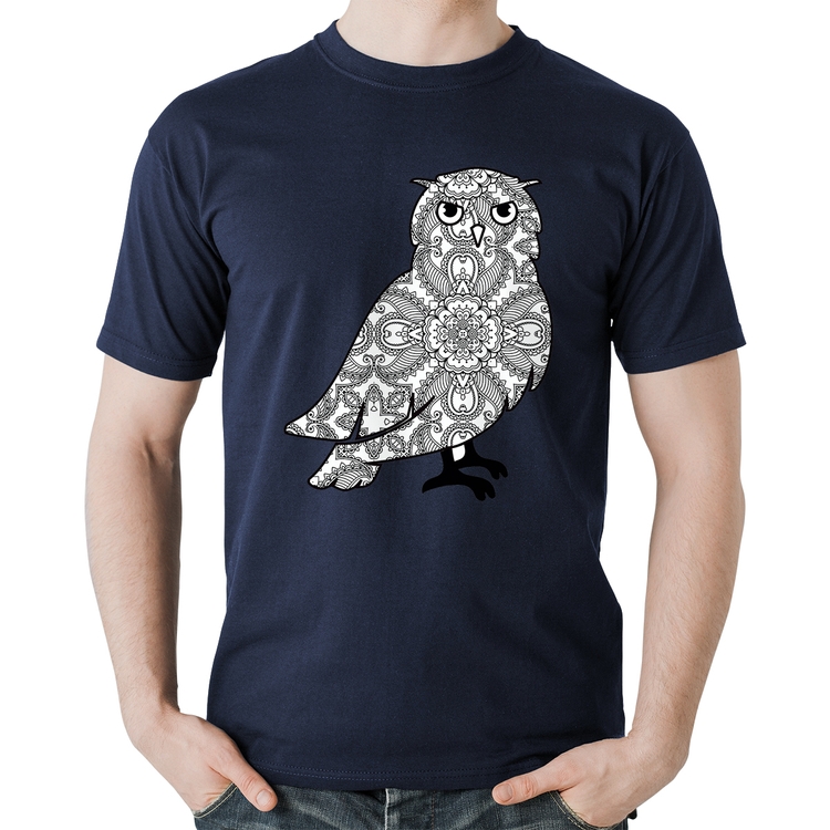 Camiseta Algodão Coruja Mandala - Marinho