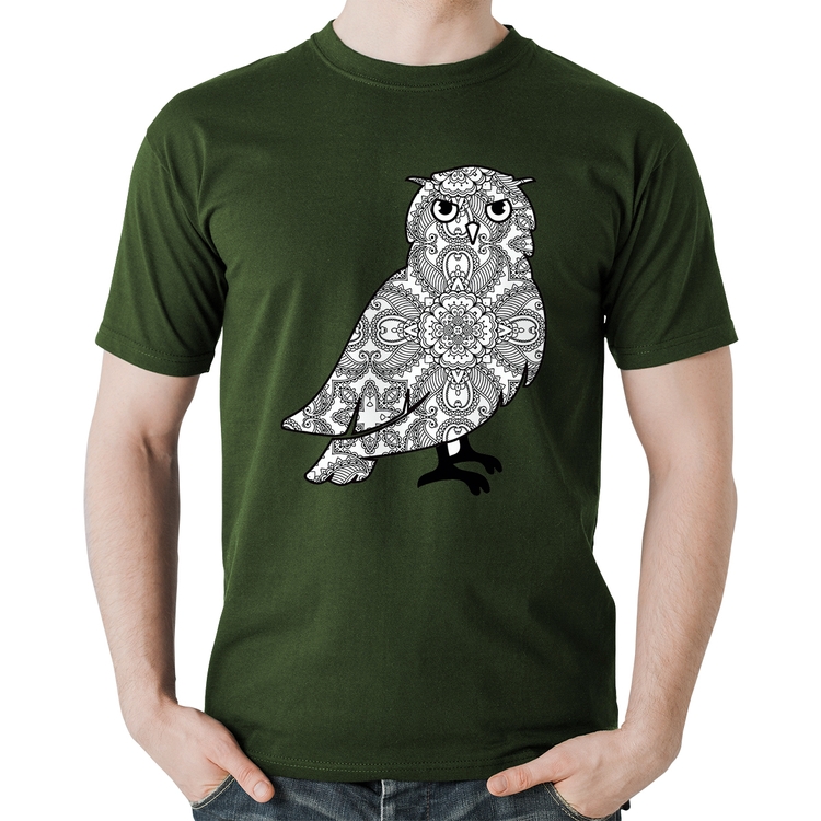 Camiseta Algodão Coruja Mandala - Musgo