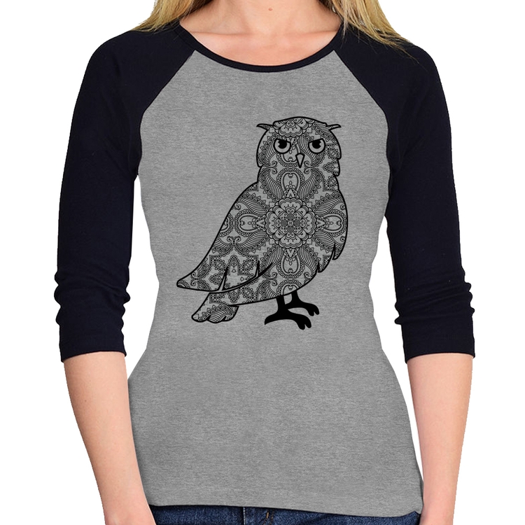 Baby Look Raglan Coruja Mandala Manga 3/4 - Cinza/Preto