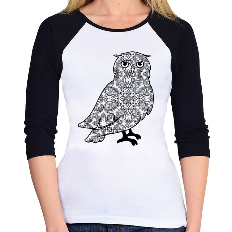 Baby Look Raglan Coruja Mandala Manga 3/4