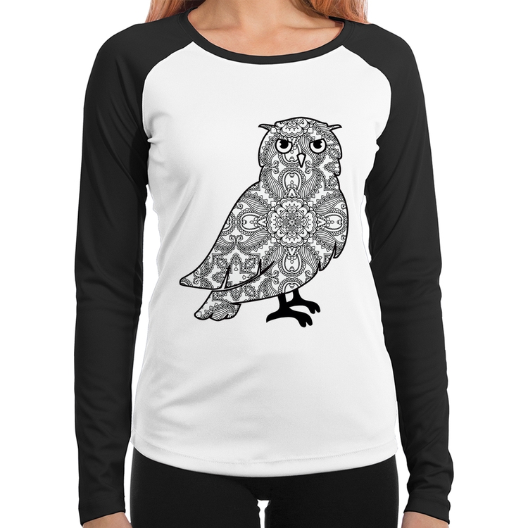 Baby Look Raglan Coruja Mandala Manga Longa