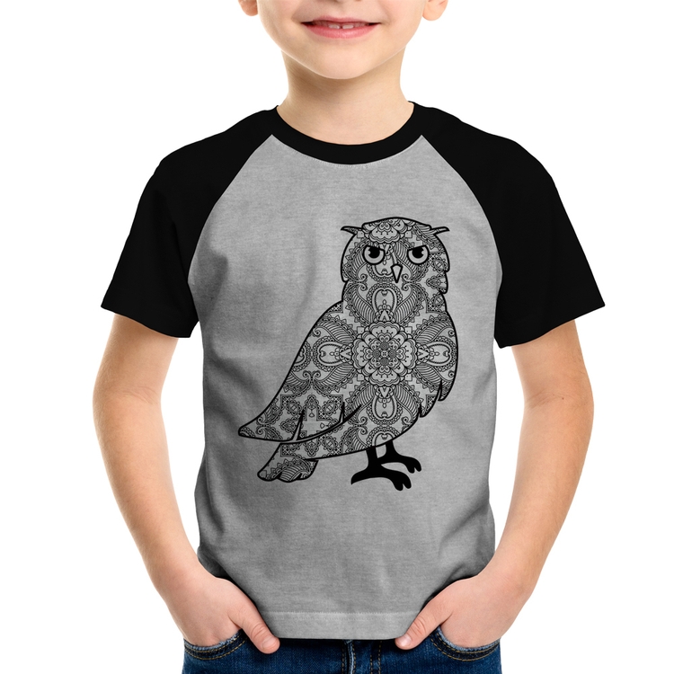 Camiseta Raglan Infantil Coruja Mandala - Cinza/Preto