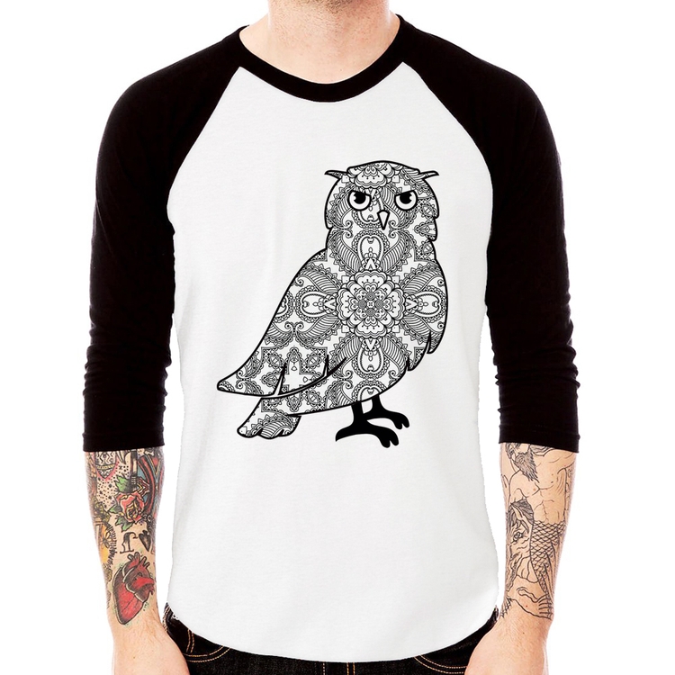 Camiseta Raglan Coruja Mandala Manga 3/4