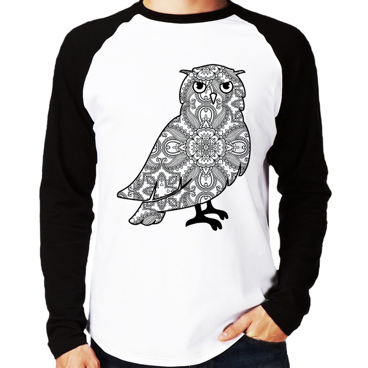 Camiseta Raglan Coruja Mandala Manga Longa