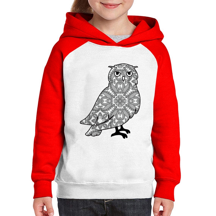 Moletom Infantil Coruja Mandala - Branco/Vermelho