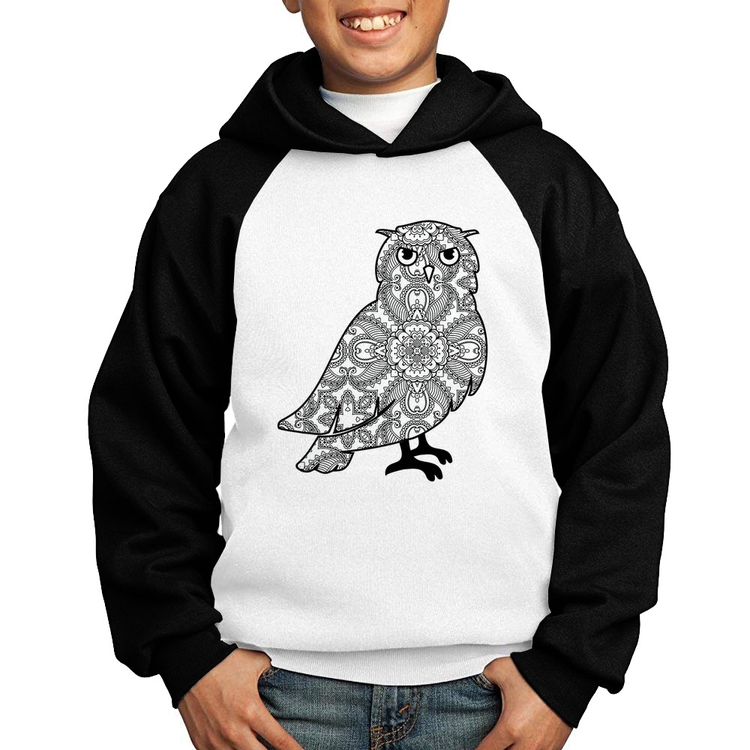 Moletom Infantil Coruja Mandala - Branco/Preto