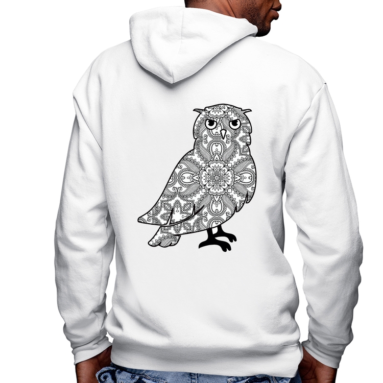 Blusa Moletom Coruja Mandala Masculina com Capuz e Zíper - Branca