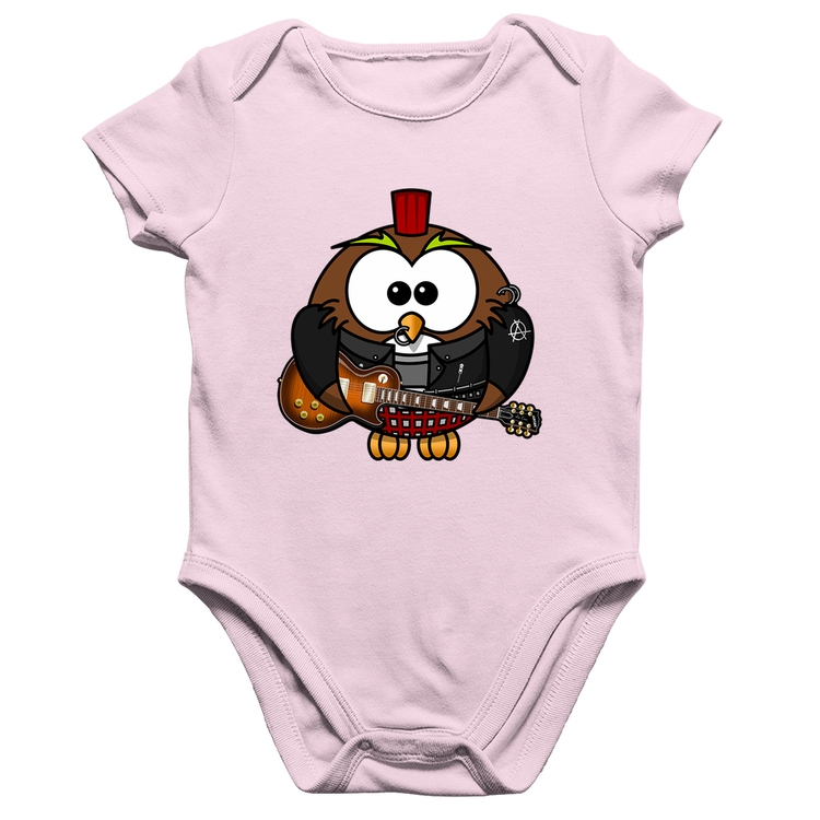 Body Bebê Algodão Coruja Rock Guitarra - Rosa Bebê