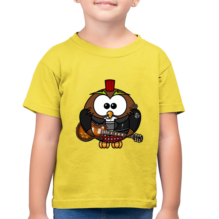 Camiseta Algodão Infantil Coruja Rock Guitarra - Amarelo Canário