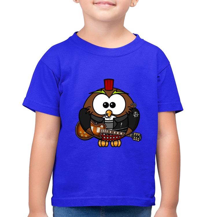 Camiseta Algodão Infantil Coruja Rock Guitarra - Azul Royal