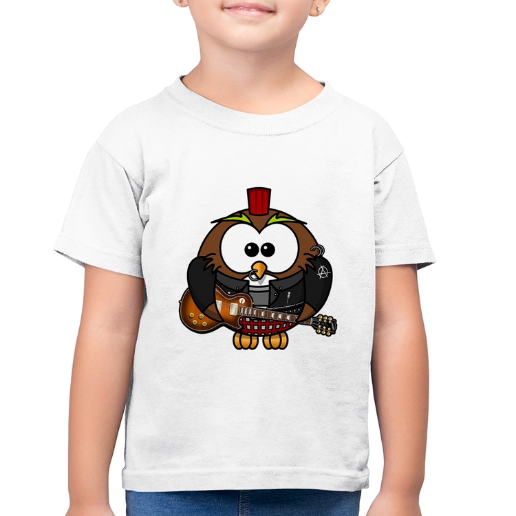 Camiseta Algodão Infantil Coruja Rock Guitarra - Branca