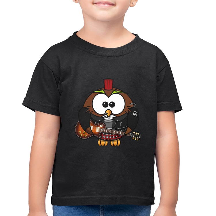 Camiseta Algodão Infantil Coruja Rock Guitarra
