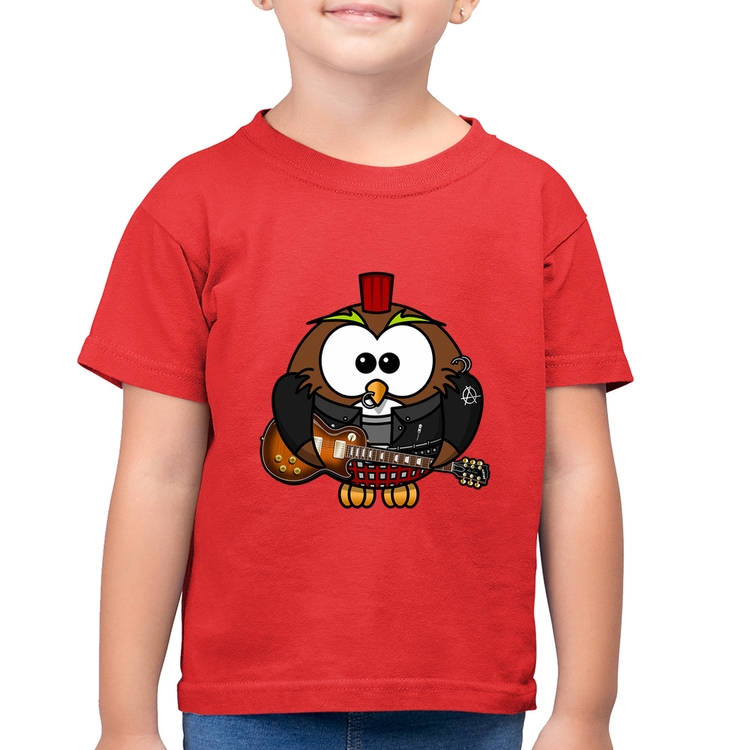 Camiseta Algodão Infantil Coruja Rock Guitarra - Vermelha