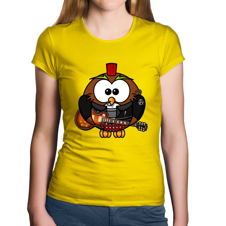 Baby Look Algodão Coruja Rock Guitarra - Amarela