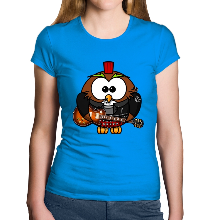 Baby Look Algodão Coruja Rock Guitarra - Azul