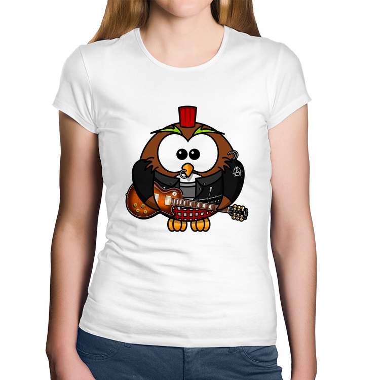 Baby Look Algodão Coruja Rock Guitarra - Branca