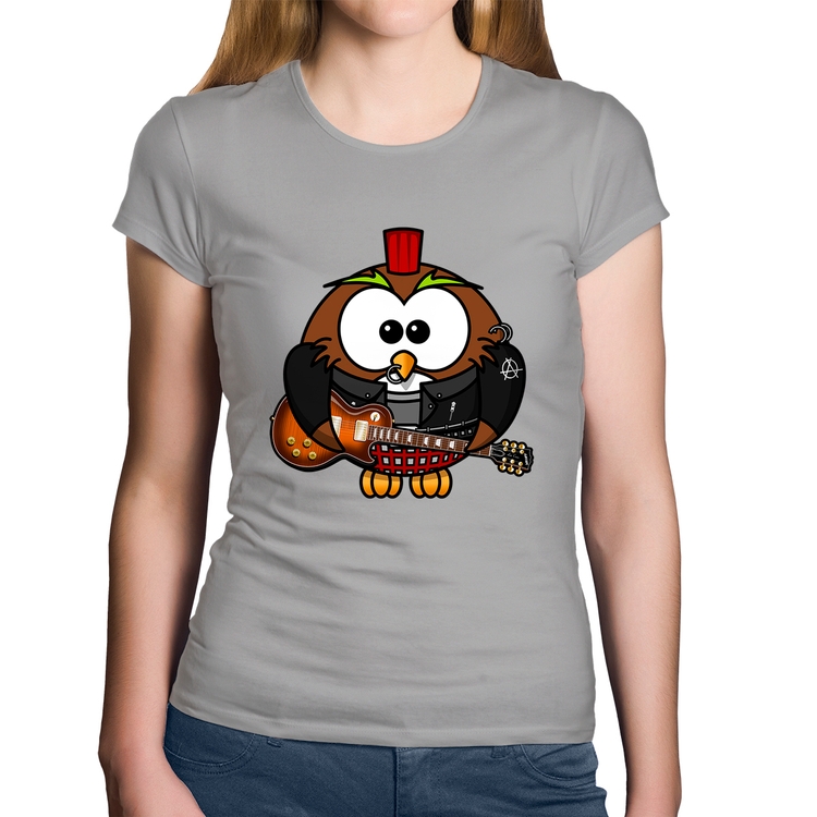 Baby Look Algodão Coruja Rock Guitarra - Cinza