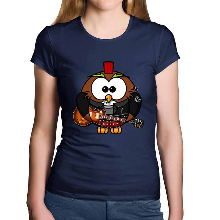 Baby Look Algodão Coruja Rock Guitarra - Marinho