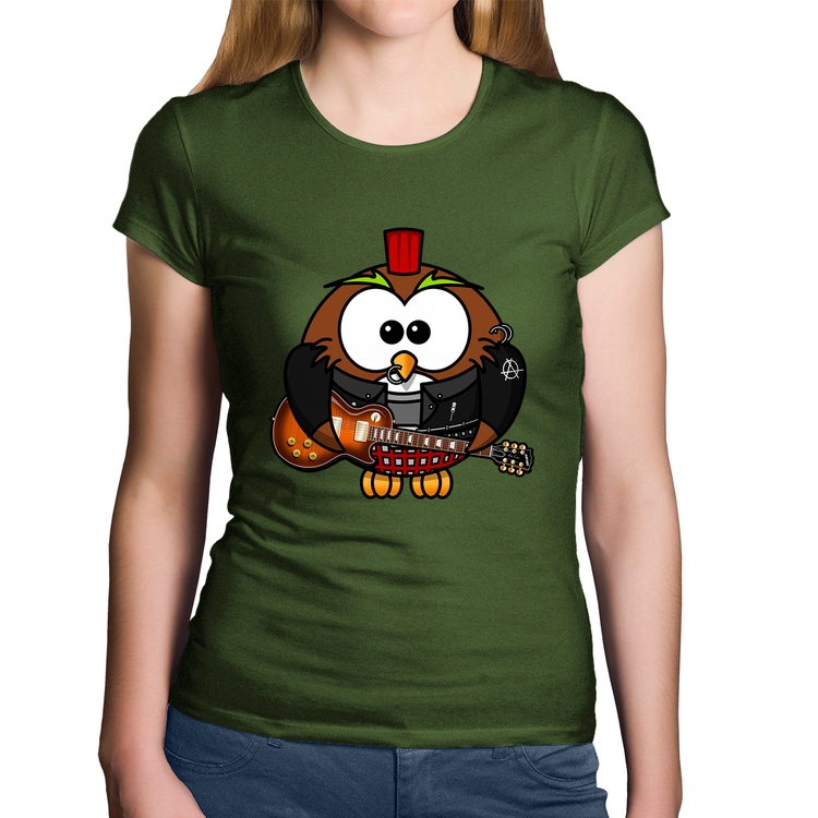 Baby Look Algodão Coruja Rock Guitarra - Musgo