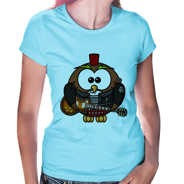 Baby Look Coruja Rock Guitarra - Azul Bebê