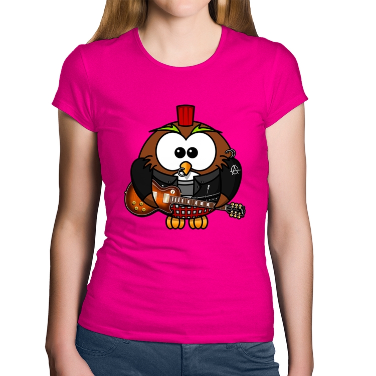 Baby Look Algodão Coruja Rock Guitarra - Rosa