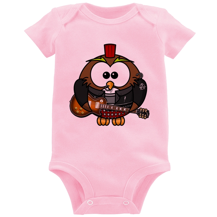 Body Bebê Coruja Rock Guitarra - Rosa Bebê