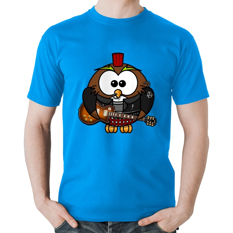 Camiseta Algodão Coruja Rock Guitarra - Azul