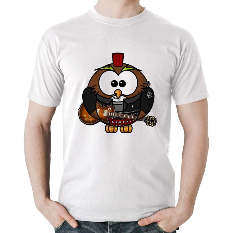 Camiseta Algodão Coruja Rock Guitarra - Branca