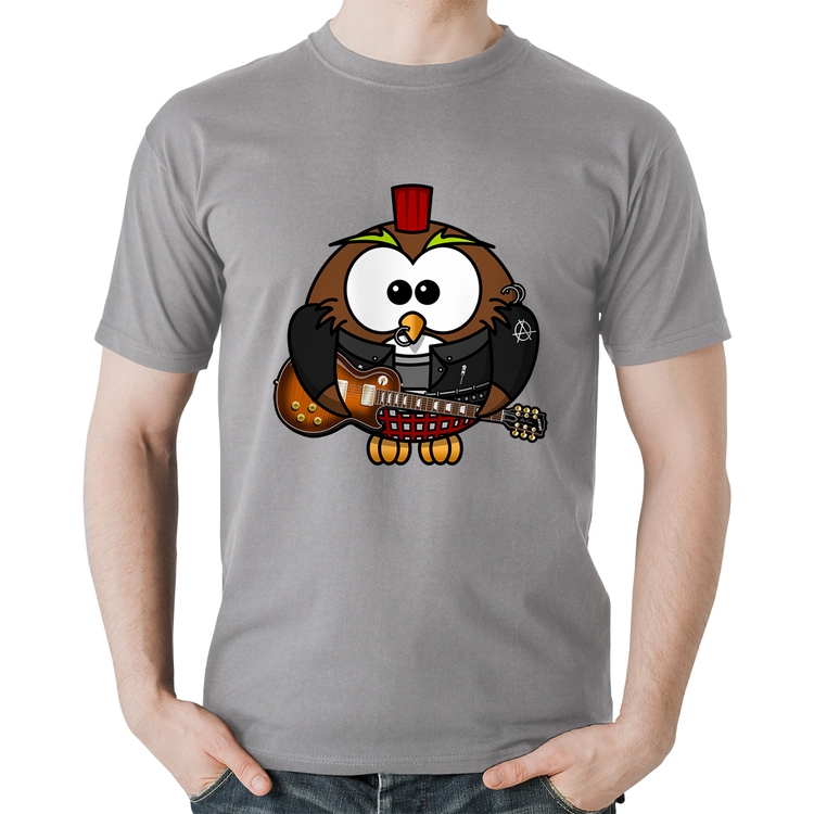 Camiseta Algodão Coruja Rock Guitarra - Cinza