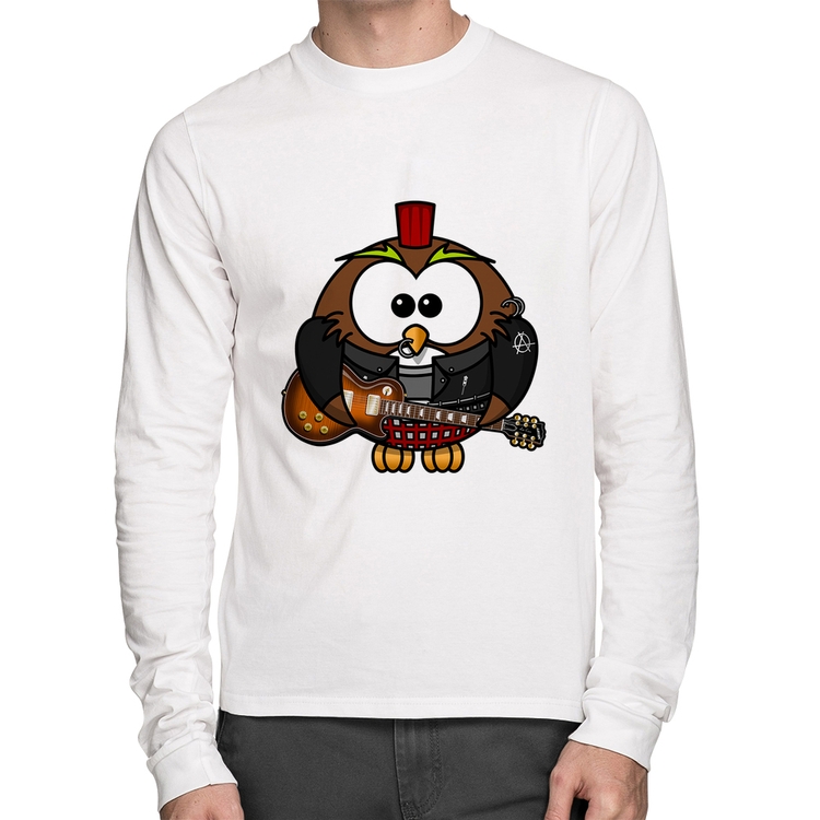 Camiseta Algodão Coruja Rock Guitarra Manga Longa - Branca