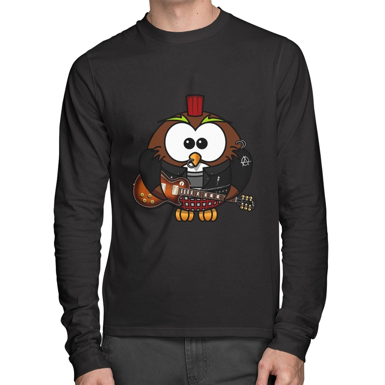 Camiseta Algodão Coruja Rock Guitarra Manga Longa