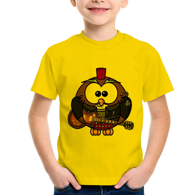Camiseta Infantil Coruja Rock Guitarra - Amarela