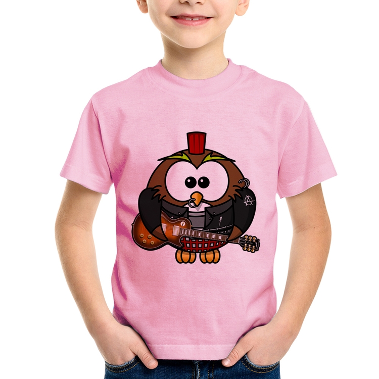 Camiseta Infantil Coruja Rock Guitarra - Rosa Bebê