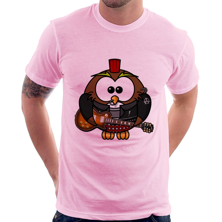 Camiseta Coruja Rock Guitarra - Rosa Bebê