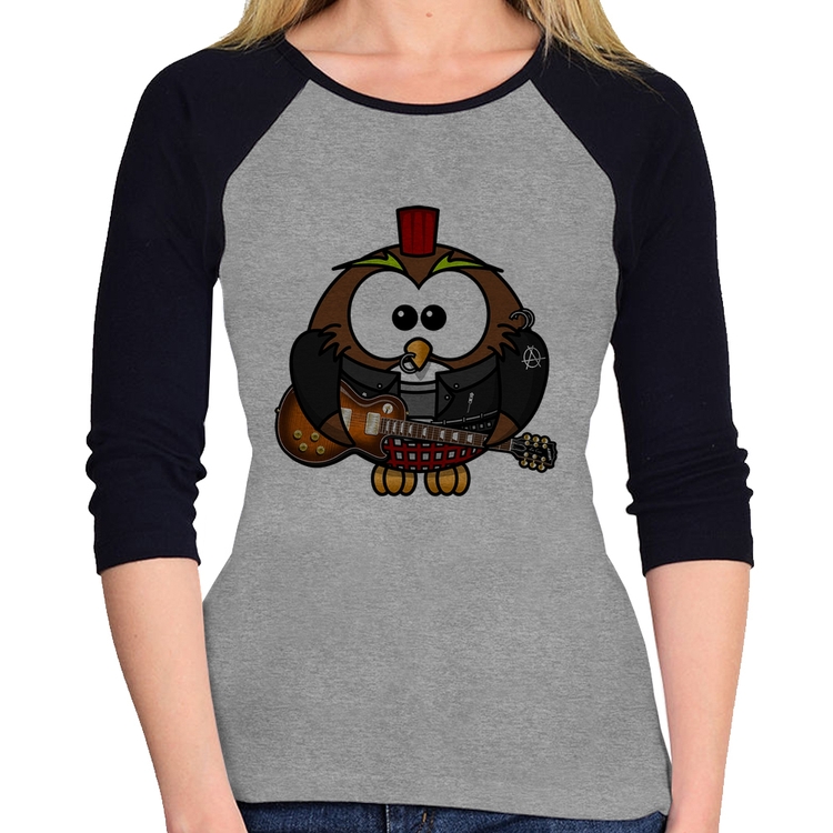 Baby Look Raglan Coruja Rock Guitarra Manga 3/4 - Cinza/Preto
