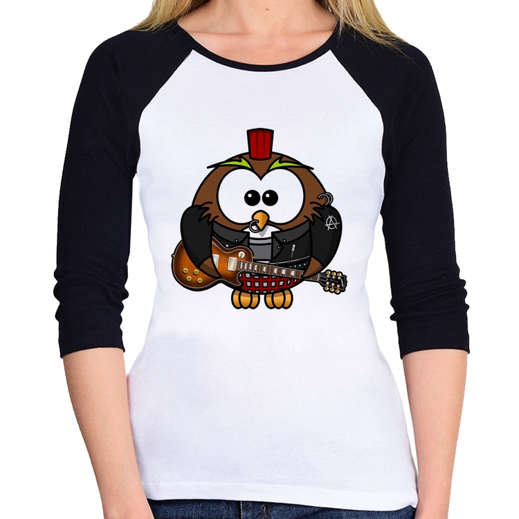 Baby Look Raglan Coruja Rock Guitarra Manga 3/4