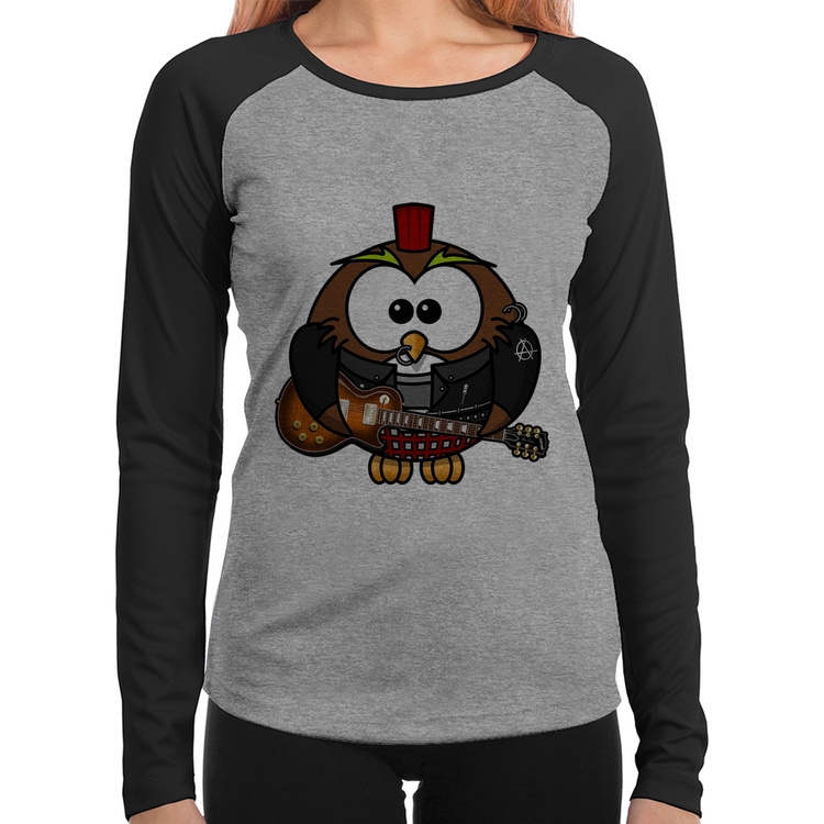 Baby Look Raglan Coruja Rock Guitarra Manga Longa - Cinza/Preto