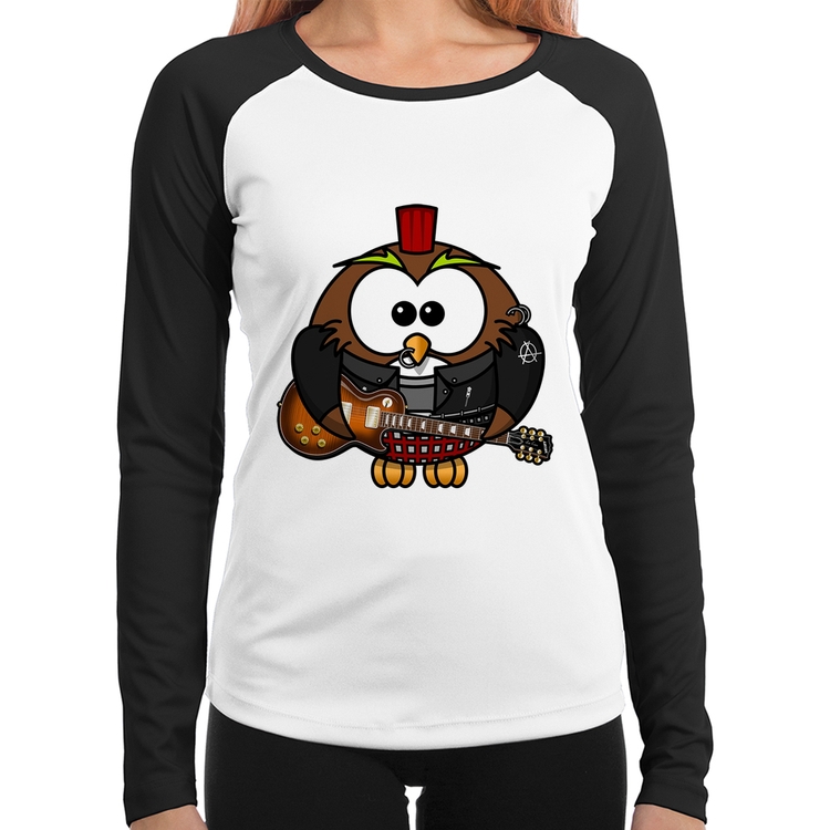 Baby Look Raglan Coruja Rock Guitarra Manga Longa