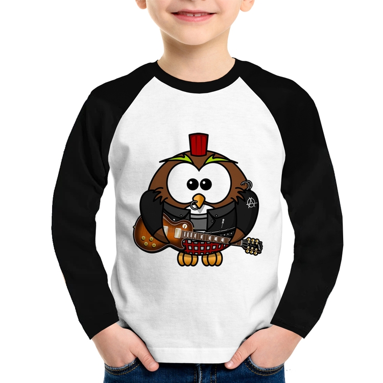 Camiseta Raglan Infantil Coruja Rock Guitarra Manga Longa