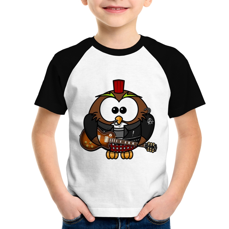 Camiseta Raglan Infantil Coruja Rock Guitarra