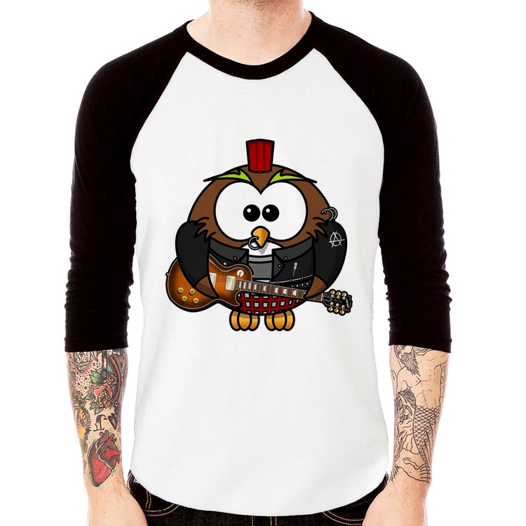 Camiseta Raglan Coruja Rock Guitarra Manga 3/4